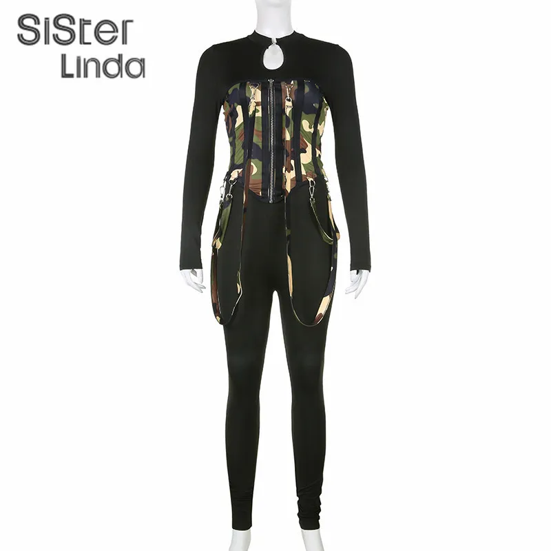 SisterLinda Fashion Women Two Piece Set Patchwork Camouflaged Corset och Long Zipper Jumpsuit Outfits Streetwear damer kläder x0428