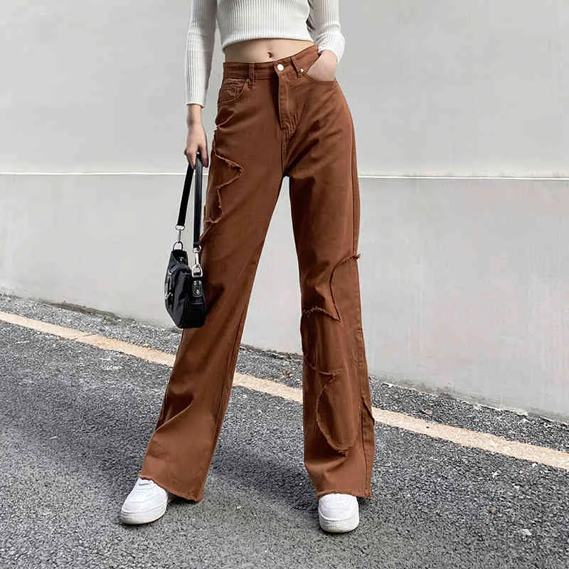 Женщина джинсы вспышки высокой талии джинсы кофе джинсовая одежда старинные качества мода хараджуку прямые брюки 210524