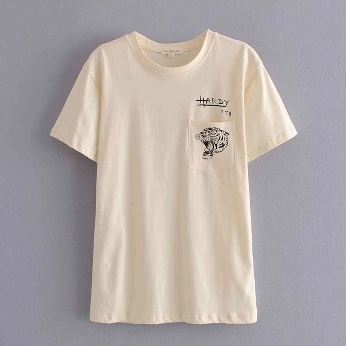 Jastie Animal Graphics Pocket T-Shirt Rundhalsausschnitt Kurzarm Sommer Y2K Casual Damen T-Shirts Baumwolle Boho Shirts Top 210419