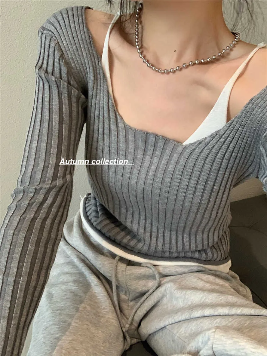 Knitted Bottoming Shirt Women Autumn Gentle Wind Gray Fake Two Piece Stitching Sweater Slim Long-sleeved Top 210529