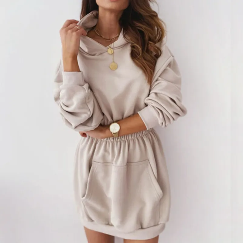 Women Dress Full Length Regular Sleeve Fit and Flare Solid Color Hooded Collar Pocket Decorated High Waist Mini Clothes 210522