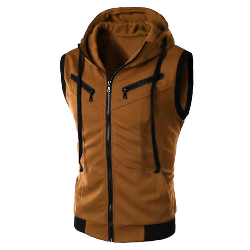 Luclesam Hommes sans manches Slim Fit Sweat à capuche Gilet Zipper Cordon Gilet Veste avec poches Veste sans manche Chalecos Para Hombre 211104