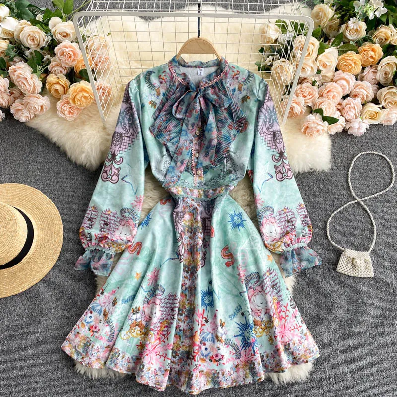 Singreiny Women Retro Court Wind Print Dress Bow Collar Ruffles Långärmad A-Line Klänning Vår Bohemian Streetwear Short Dress 210419