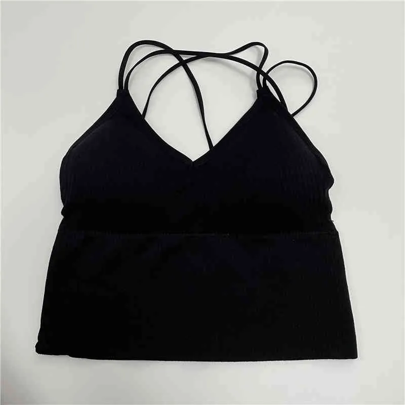 Tops cortos de verano para mujer, tirantes cruzados Vintage en la espalda, sujetadores cortos con relleno, camiseta sin mangas para 210428