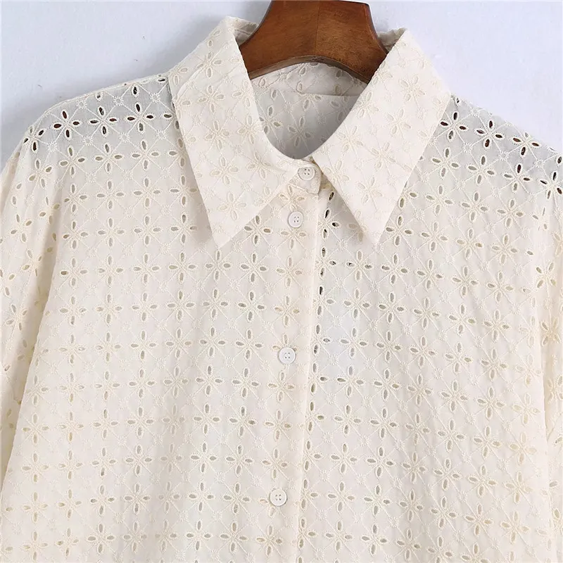 Bordado Camisa Longa Mulheres Recorte Oversize Verão Top Mulher Semi Sheer Button Up Blusa Vintage 210519