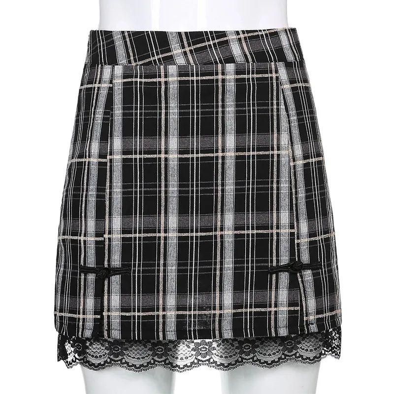 Sexy filles Plaid Y2K jupes nouvelle mode femmes taille haute Harajuku Mini jupe à lacets hanche-paquet ourlet dames dentelle jupes X0428