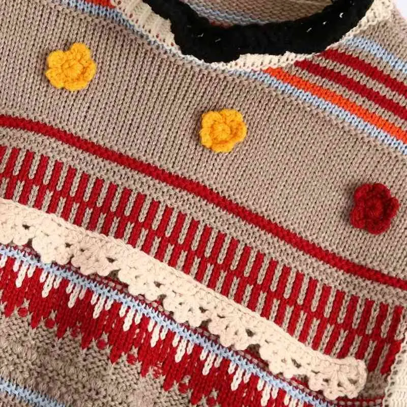 女性の花のアップリケ色かぎ針編みの編み物セーターカジュアルフェムスノースリーブプルオーバーハイストリートレディーストップスSW900 210430