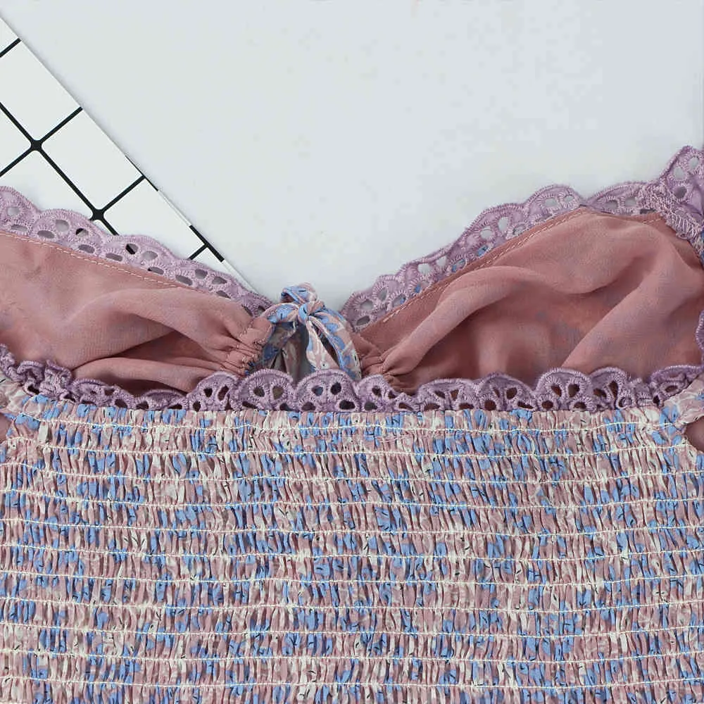 Женщины Цветочный принт Ширред Camis Tops rush Square Sece Score Обрезанная Рубашка Camisole Летний Урожай Топ 210520