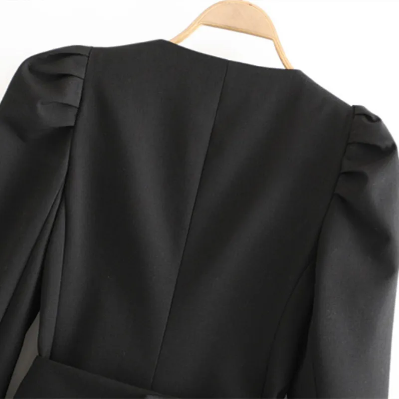 Casual Woman Black V Neck Slim Blazer Coat Fashion Ladies Autumn Puff Sleeve Suit Coats Female Elegant Sashes Jacket 210515