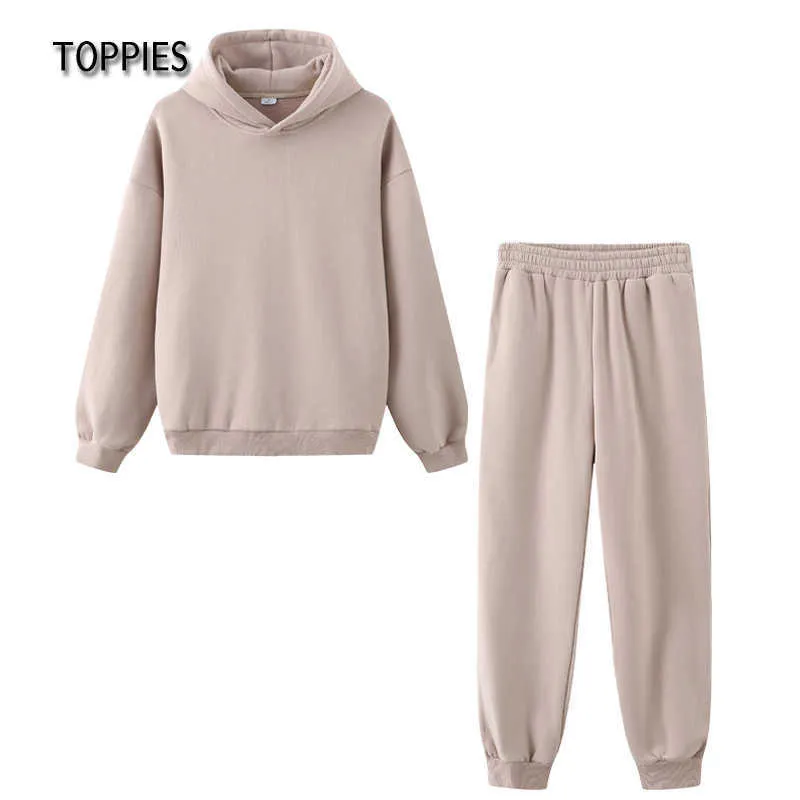 Toppies Höst Vinter Kvinnor Tracksuit Två uppsättning Fleece Sweatshirts Crew Neck Hooded Warm Byxor Sportkläder 210930