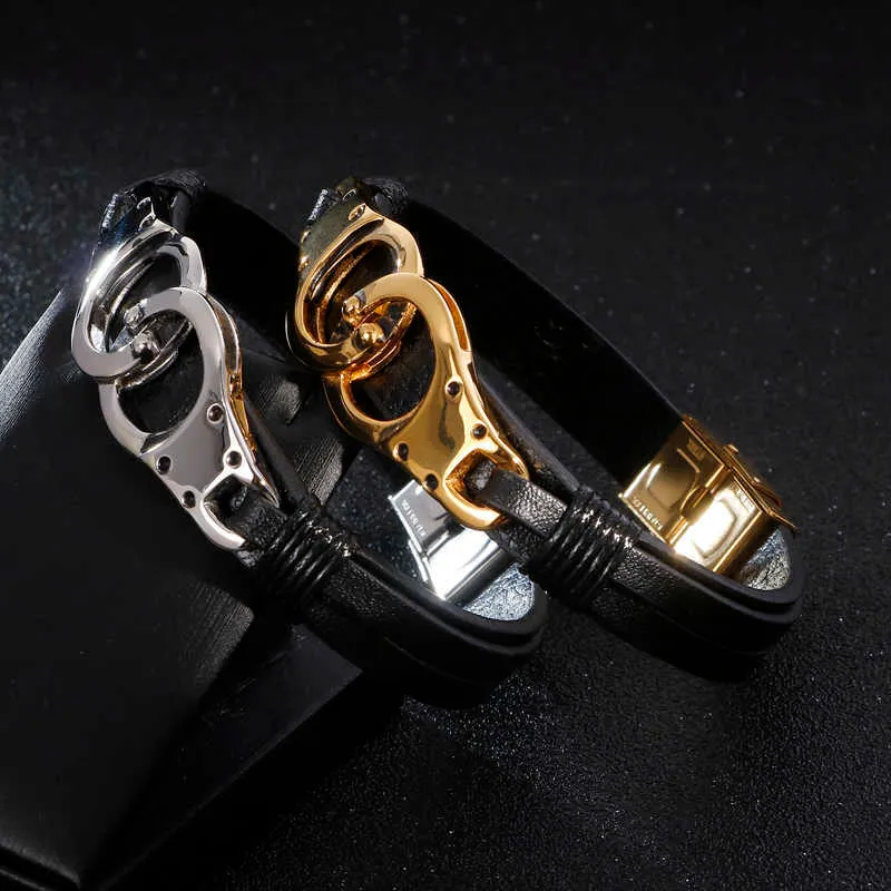 Fashion Handcuffs Men Bracelets Bangles Gold Silver Color Stainless Steel Men Bracelets Black Silicia Leahter Bracelet Jewelry Q0720