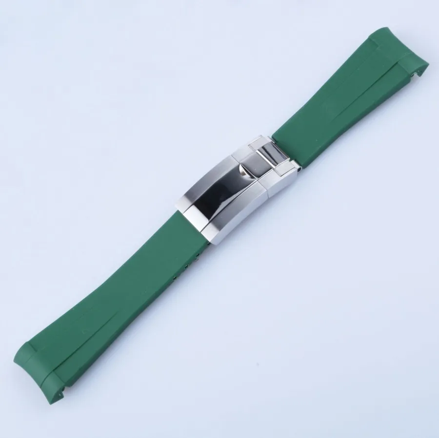 Ремешок для часов 20 мм с серебряной полированной застежкой, силиконовый черный, темно-зеленый, оранжевый, красный, резиновые мужские часы для рулонного ремешка277S