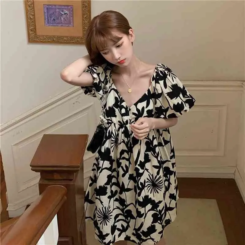 Ezgaga vintage floral borboleta impressa vestido mulheres shuff sleeve v-pescoço verão solto coreano moda alta cintura Vestido 210430