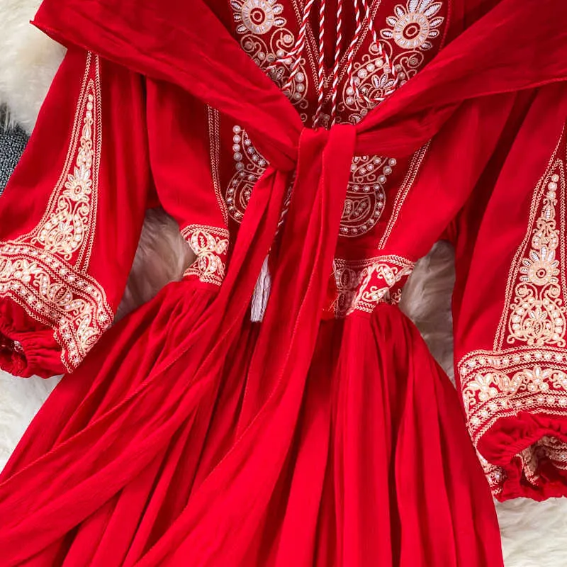 Böhmische Weiß / Gelb / Rot Gestickte Kleid Frauen Schal Kragen Hauch Langarm Elegante Hohe Taille Vestidos 2021 Weibliche Robe NEUER Y0603