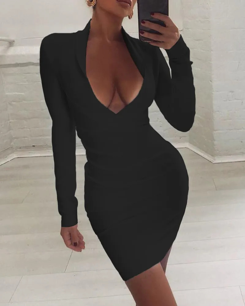 2020 Women Fashion Elegant Autumn Spring Solid Long Sleeve Plunge Ruched Bodycon Dress Mini V Neck White Sexy Party Dress X0521