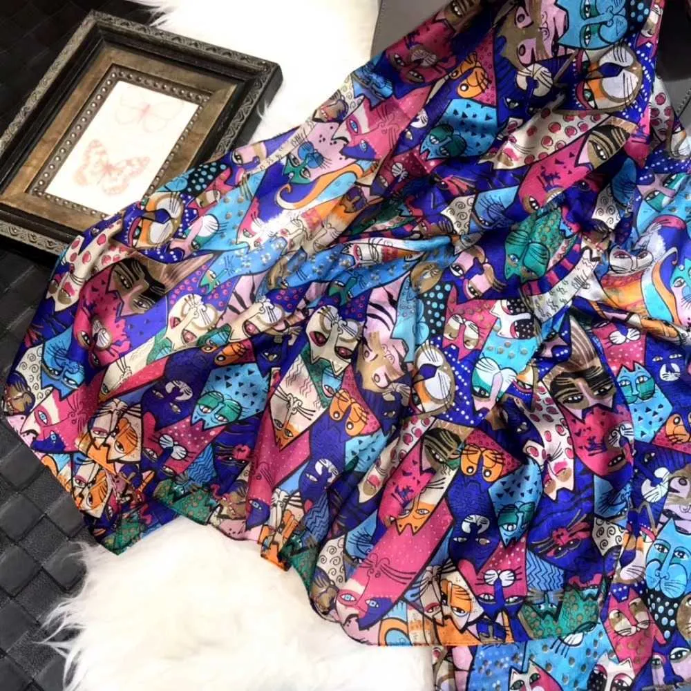 [BYSIFA] New Blue Pink 100% Silk Scarf Shawl Fashion Accessories Cute Cartoon Cat Pure Silk Scarf Fall Winter Long Scarves Q0828