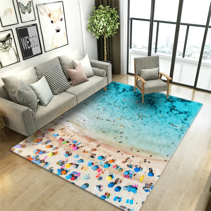Beach Sea Waves Living Room Rug 3D Landscape Printed Floor Mat Flannel Sponge Large Bathroom Decorative Bedroom Carpet Soft 220301