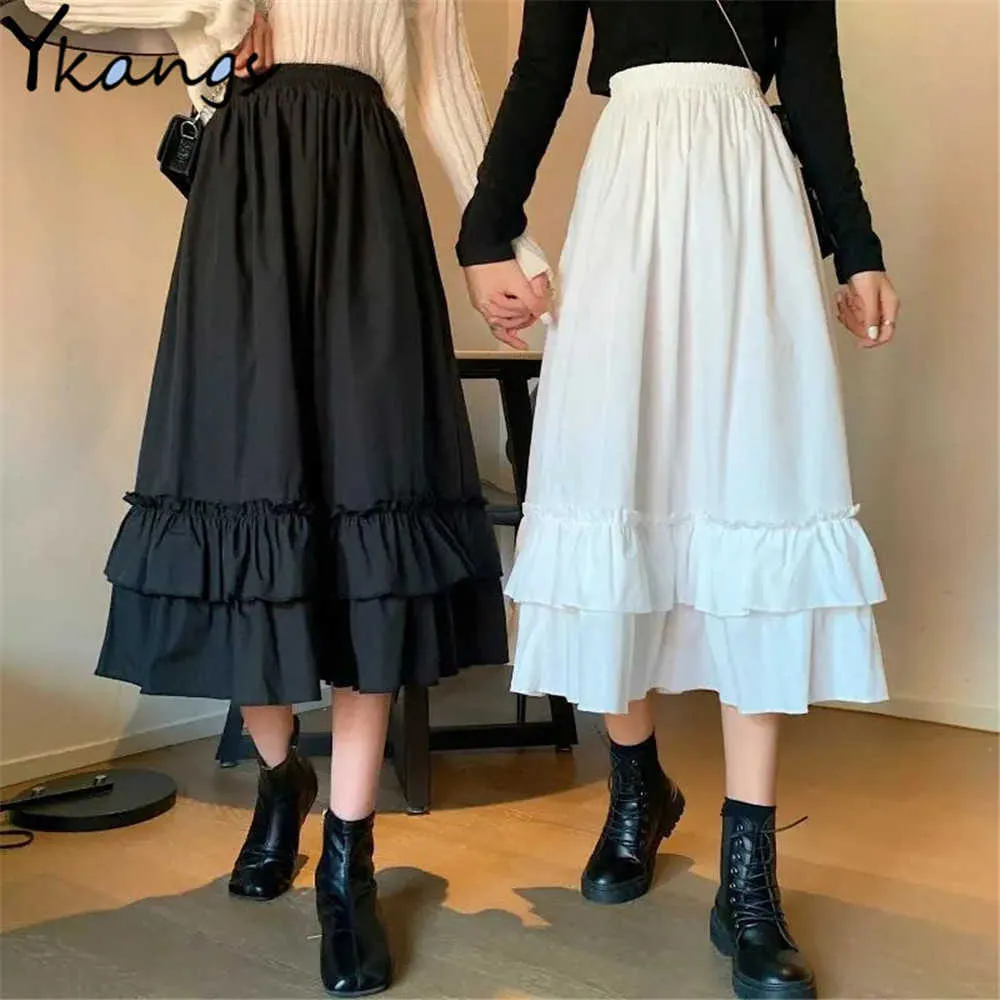 Vintage Taille Haute Jupe Plissée Femmes Lâche Casual Ados École Filles Volants Volants Patchwork Long Midi Noir Blanc Goth Jupes 210619