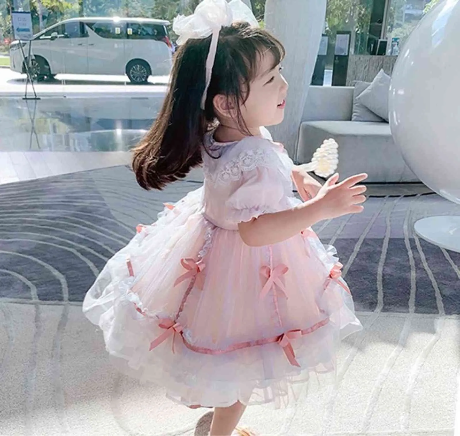 Summer Baby Girl Spanish Lattice Dresses Infant Spain Lolita Princess Ball Gown Children 1st Birthday Baptism Lace Bow G1129