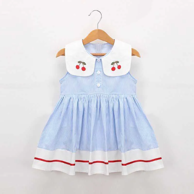 소녀 블루 스트라이프 드레스 여름 체리 칼라 민소매 면화 sundress 아기 옷 LT034 210610