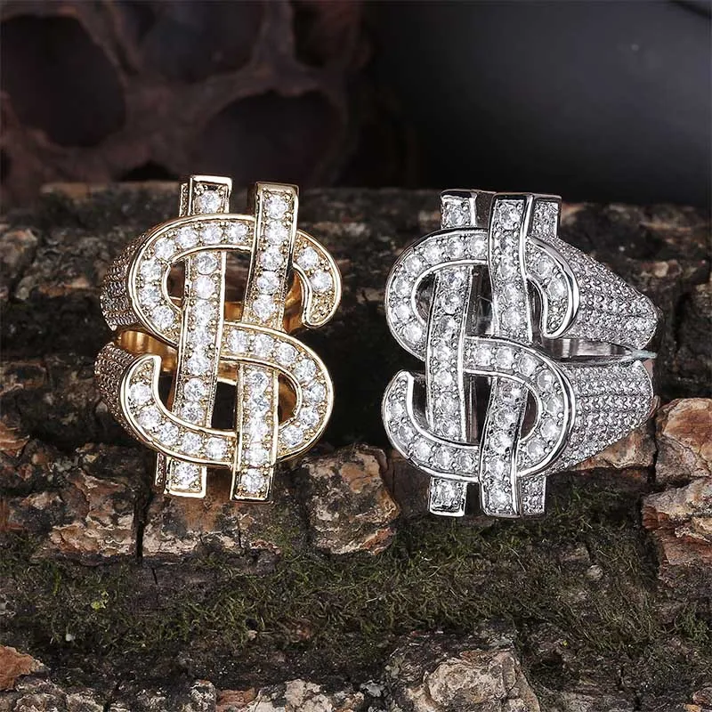 Mens Hip Hop Ring Jewelry Dollar Sign Gemstone Zircon Fashion Big Gold Rings1920830