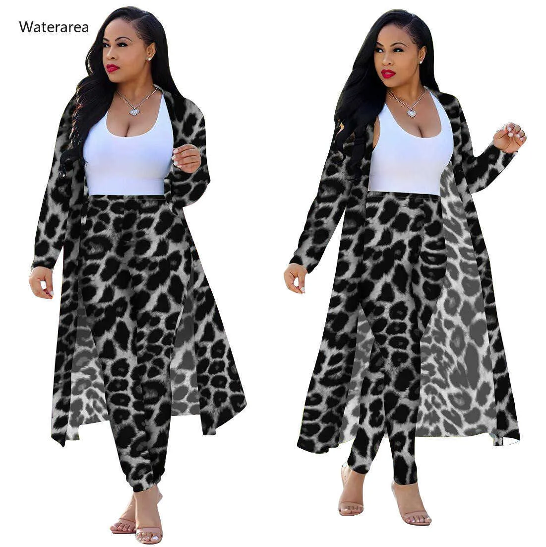 Plus Size Women Two Piece Set Sheath Långbyxor och Ärm Maxi Coats Leopard Print Suit DM135 210930