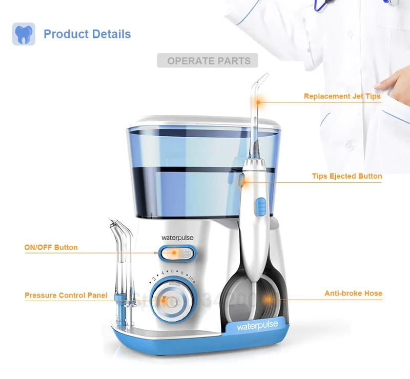 Waterpulse Oral Irrigator V300 12 Pressão Flosser 800ml Dentes Cleaner Family Care Dental Jet 5 Dica 220224