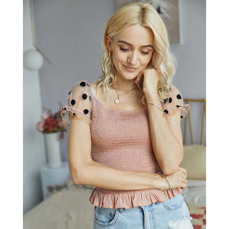 Fashion Summer Women T-Shirt Casual Square Collar Polka Dot Mesh Patchwork Elastic Streetwear Female Tees Top W615 210526