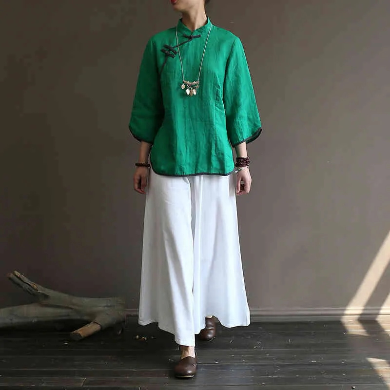ジョニーチャーの女性グリーンシャツ中国風ブラウスボタンラミー夏の高品質ビンテージ女性のシャツとトップス210521