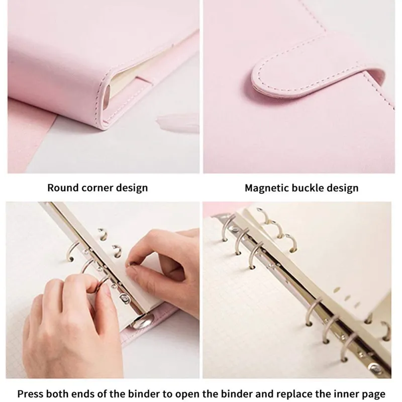 A6 Binder Planner Pink Notebook Binder و 12 قطعة 6 حفرة الموثق سستة مجلد، جيوب الموثق مظروف النقدية محفظة 0224