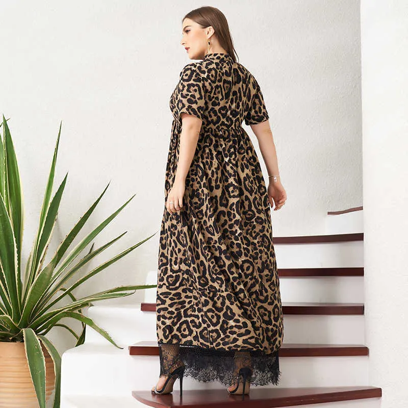 Vestido de Verão Mulheres Elegante Leopard Imprimir Lace Hem Patchwork Manga Curta Pequena Colarinho A-Linha Vintage Party Maxi Robes 210719