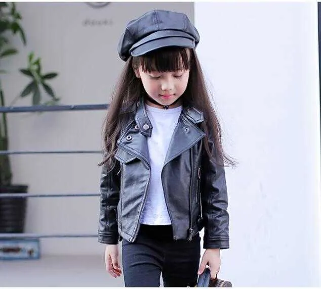 Girls Pu Zipper Jackets Cool Jacket For Girl 3-12 Years Kids Classic Collar Coats Teen Windbreaker Clothing Children's Outerwear 211011