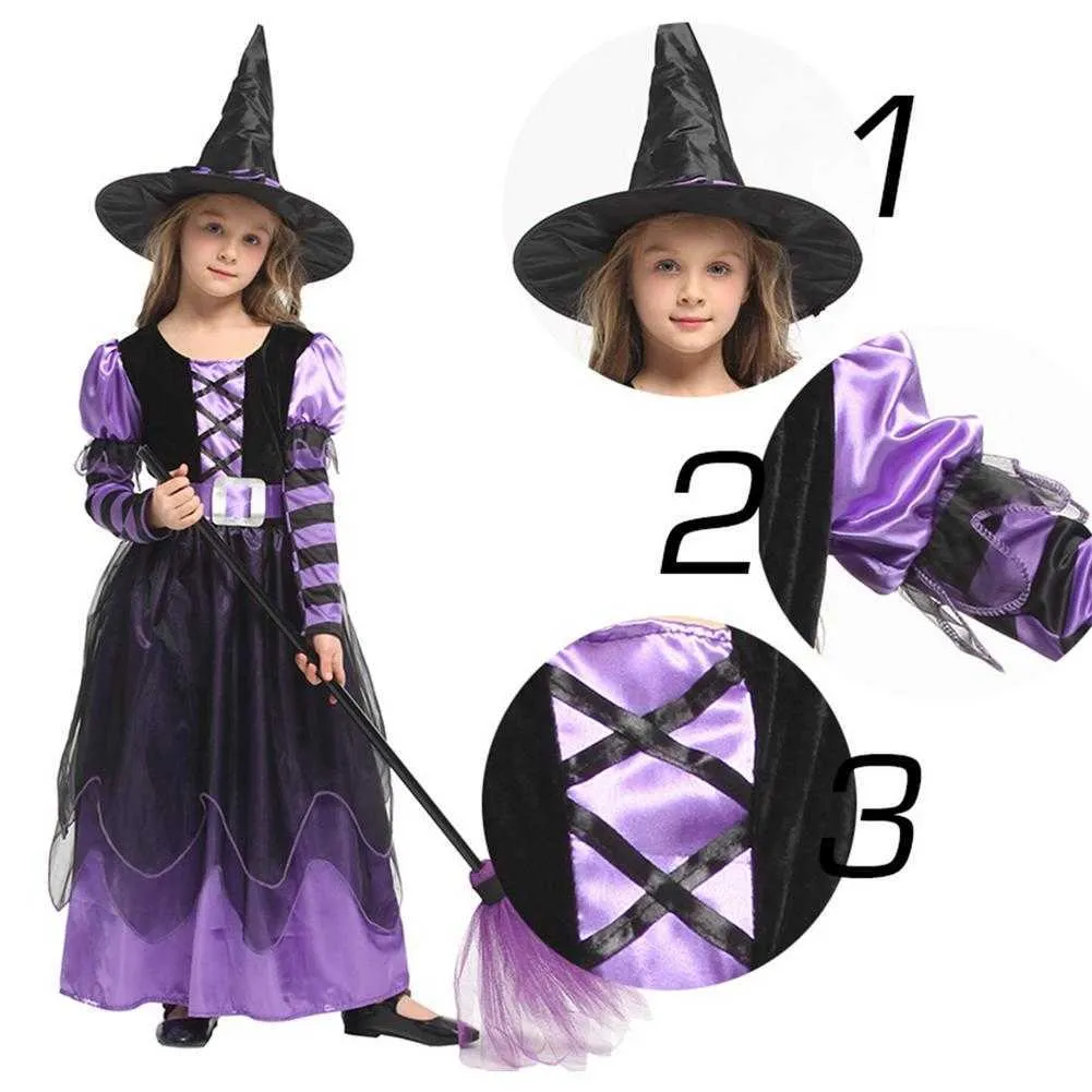 Costume da strega di Halloween bambine, scintillanti stelle d'argento, stampato, vestito cosplay di carnevale, con cappello a punta, bacchetta magica, vestiti Y0913