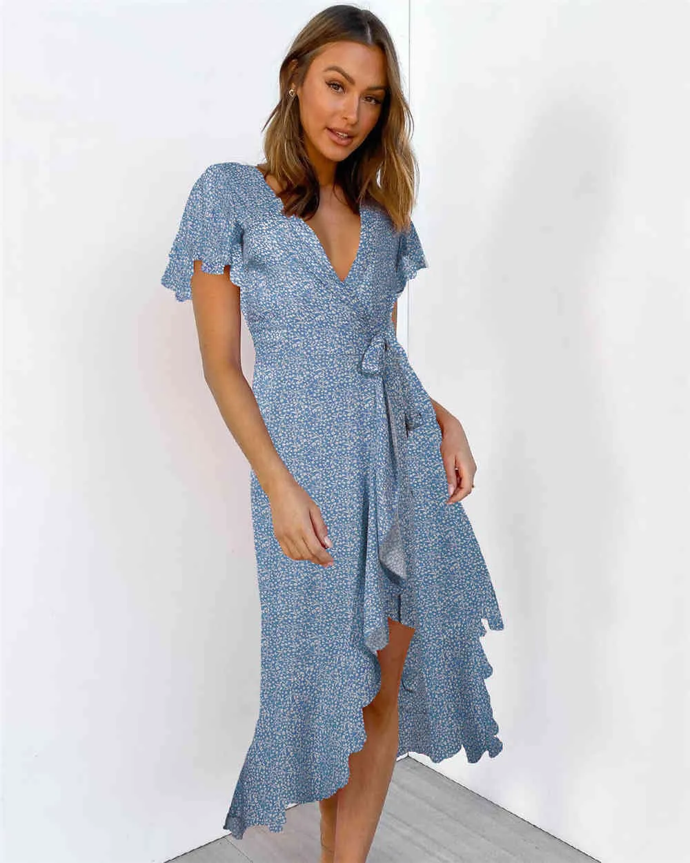 Ruffled Boho Maxi Lång Klänning Kvinnor Sommar Elegant V-Neck Cross Print Blommor Bälte Kvinnor Vintage Dress Beach Dress Kvinna Vestido 210514