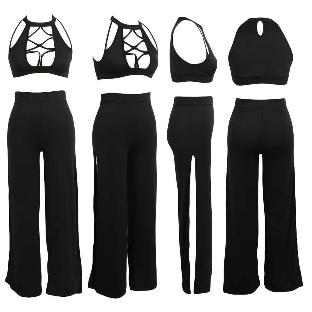 Sexiga kvinnor Två bitar Set Turtleneck Ärmlös Hollow Out Crop Top High Waist Split Pant Fashion Sets Party Clubwear för damer 210707