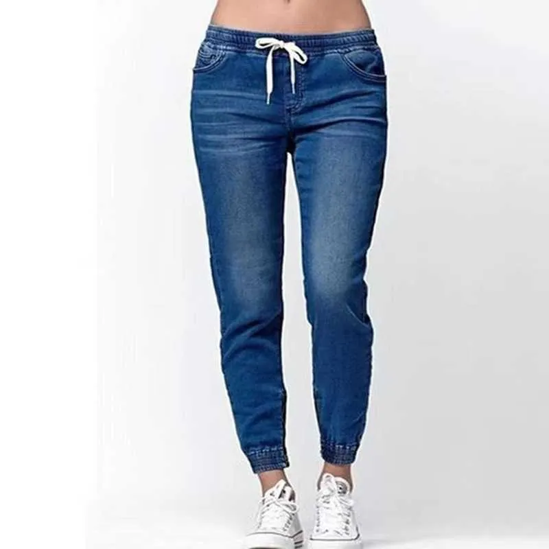 Весна и осень женские джинсы прямые бедро мид талии Trend повседневная шнуровка вымытые ноги фонарь женские тонкие брюки WS38 210708