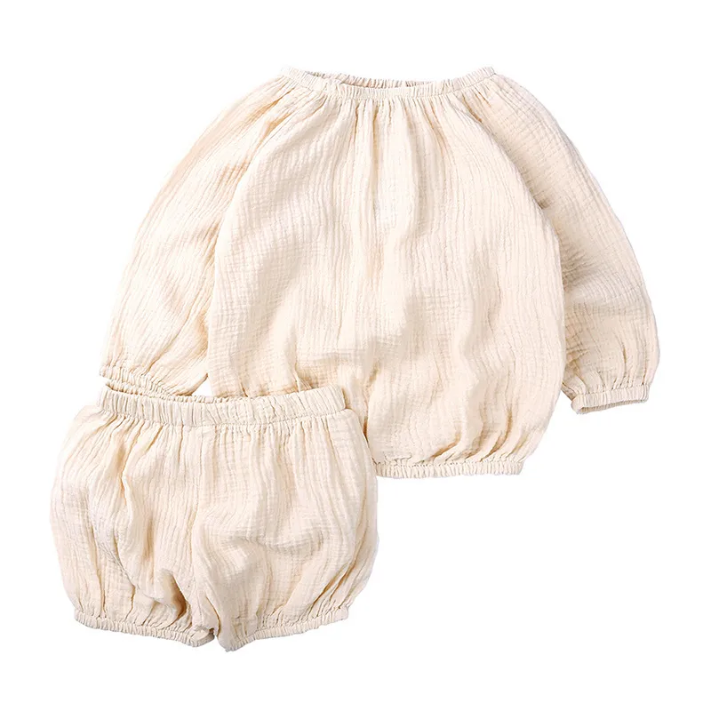 Newborn Baby Boys Girls Clothes Set Solid Color Cotton Linen Long Sleeve T-shirt + Shorts Pant Children Clothing Sets 0-4Y 210413