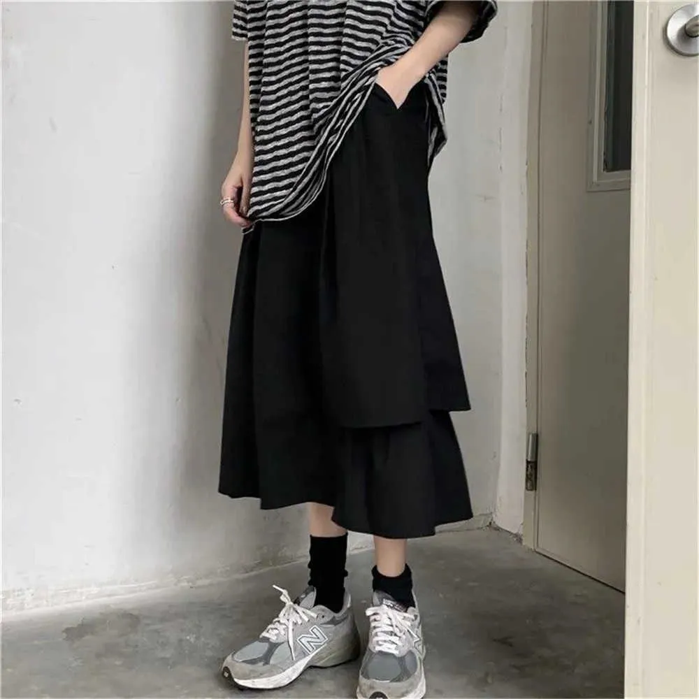 Einfarbig unregelmäßige hohe Taille Faltenrock Frauen japanischen Stil weiß schwarz langen Rock Sommer Wild Cargo Rock Streetwear 210619