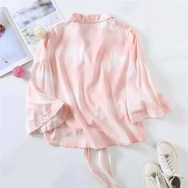 Za Sommer Tie Dye Knoten Hemd Frauen Vintage Langarm Unregelmäßige Rosa Shirts Frau Mode Button Up Casual Bluse Top 210602