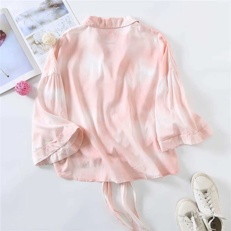 ZA verão laço tintura nó camisa mulheres vintage manga longa irregular camisas rosa camisas mulher moda botão up casual blusa top 210602