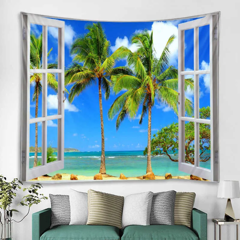 Albero di cocco Paesaggio marino Arazzo Mandala indiano Arazzo Appeso a parete Arazzi Boho Camera da letto Tappeto Divano Coperta 6 Dimensioni 210609