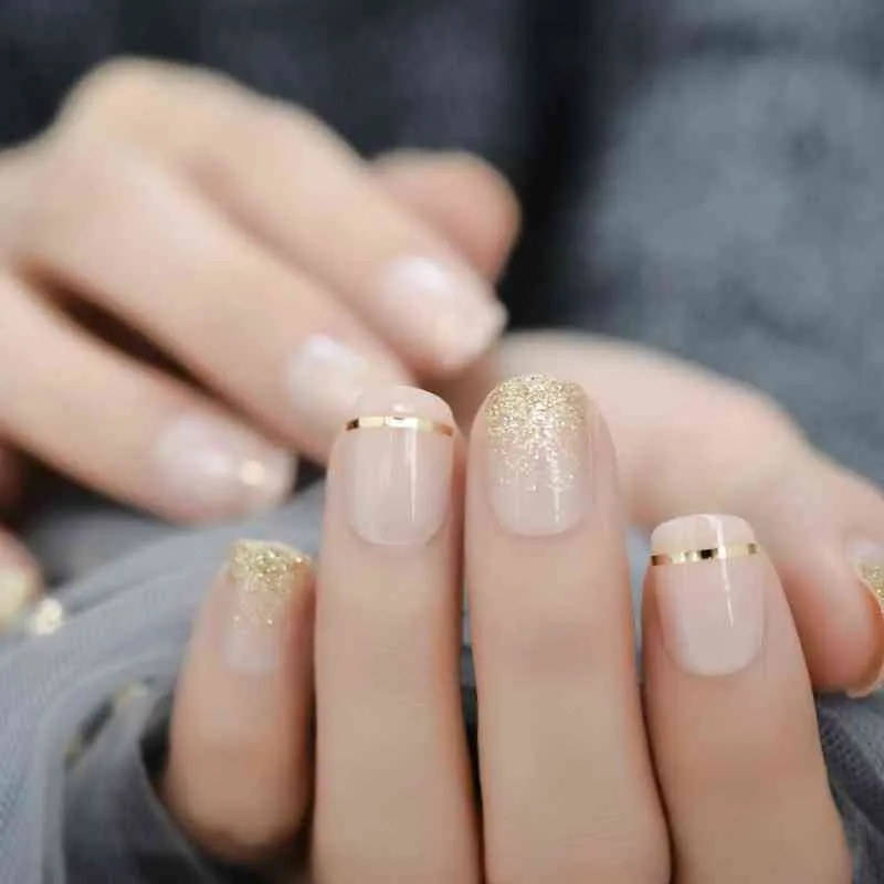 Falska naglar gel täcker falska naglar guld glitter naken Ladi press på naglar kort med lim flikar perfekt för daglig 220225