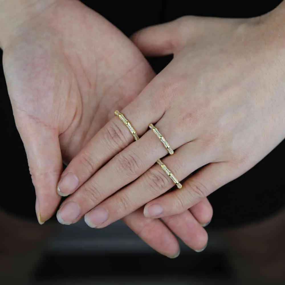 Puro materiale in argento sterling 925 con anelli a forma di pila di bambù pavimentati in cz interi gioielleria femminile