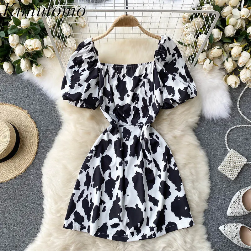 Kimutomo Chic Cow Spot Vestido Francés Puff Manga Mujeres Verano Cuadrado Cuello Slim Cintura Vacaciones Vestidos Elegante Femme 210521