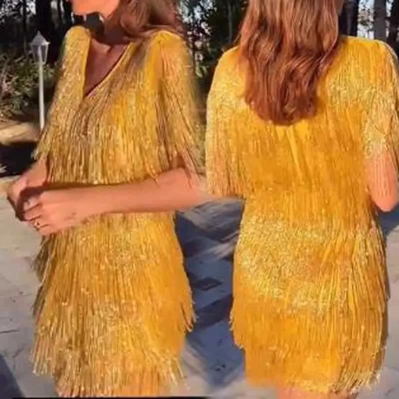 夏のドレス女性ビンテージボディコン新着黄色のセクシータッセルミニプロムイブニングパーティー210422