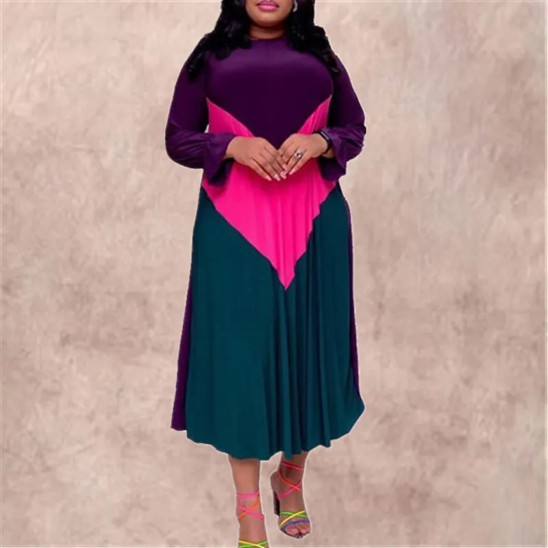 女性プリーツドレス長袖oネックルーズパッチワーク春秋大型アフリカの女性ファッションvestidosローブxl 210416