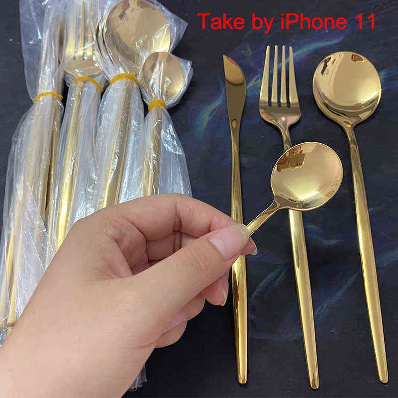 guld dinnerware set rostfritt stål porslin Kniv gaffel sked bestick diskmaskin säkra bestick gaffel 211229