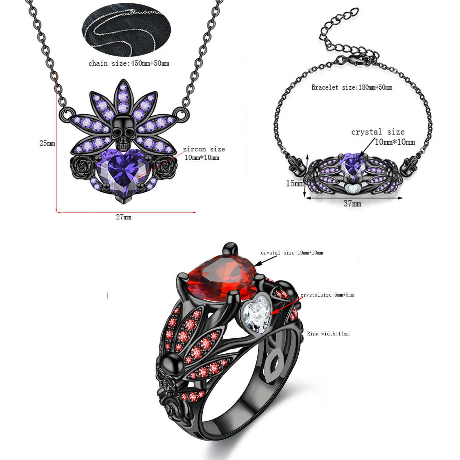 Para mulheres colar pulseira anel crânio conjunto vermelho cristal zirconia cor de prata pingente de casamento punk conjuntos de jóias dropshipping H1022