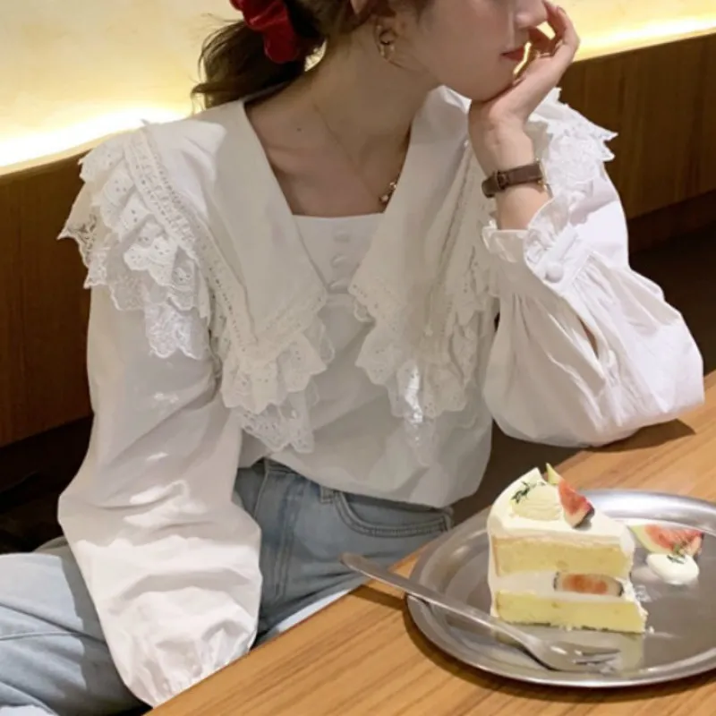 Ezgaga甘い女性のシャツ春の新しいシックな船乗りの長袖レースのパッチワーク韓国のファッションの服のソリッドホワイトシャツ210430