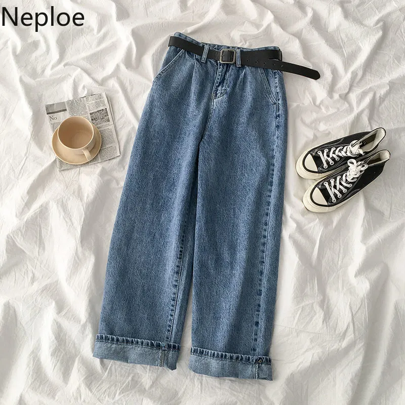 Jeans Neploe donna Pantaloni a gamba larga slim fit a vita alta Pantaloni moda vintage coreani Pantaloni larghi streetwear con cintura 210422